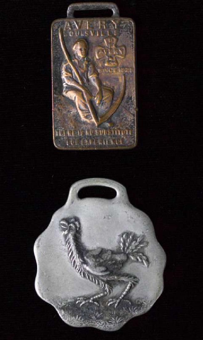 AVERY AND AULTMAN & TAYLOR MFG ADVERTISING FOBS: Includes an Avery Louisville since 1825 'There is no substitute' fob showing man with scythe; and an Aultman & Taylor Machinery Co., steam engines, portable and traction, threshers, hullers, saw mills