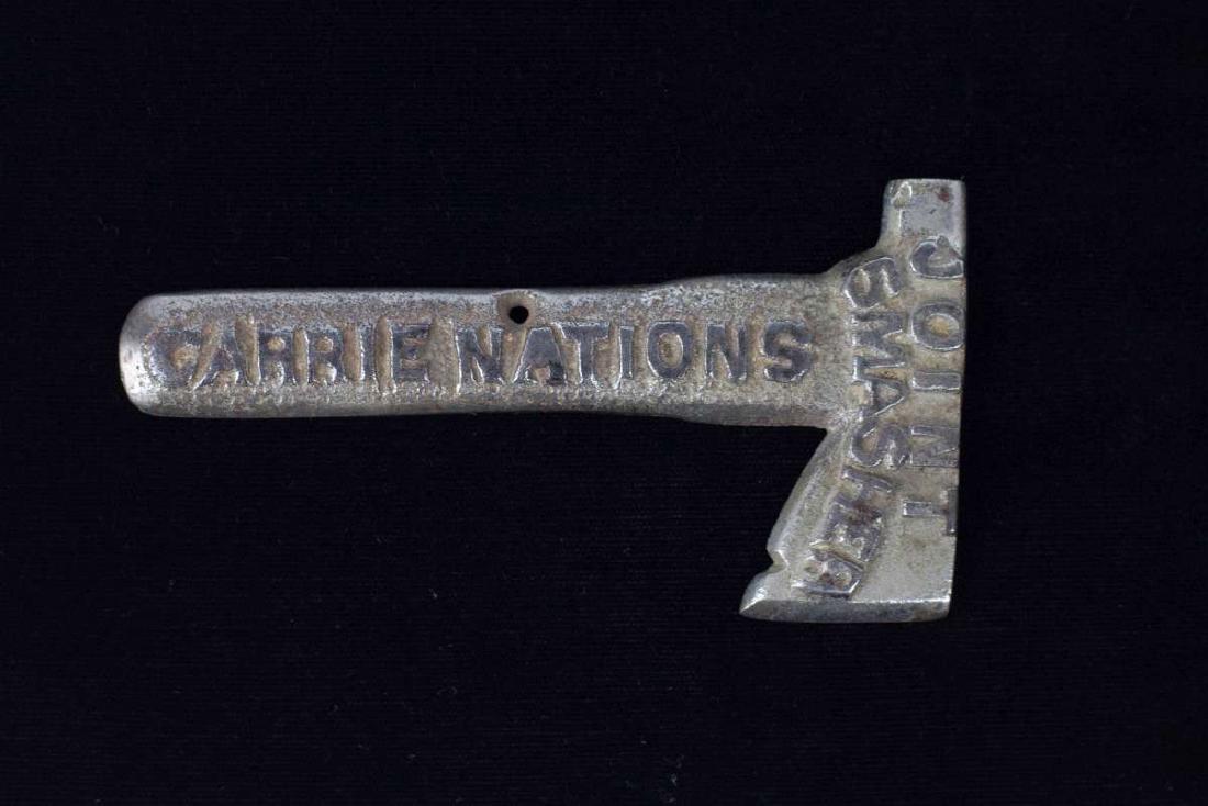 CARRIE NATIONS' JOINT SMASHER CAST IRON HATCHET: Raised lettering 'Carrie Nations Joint Smasher.' Measures 4 inches. We happily provide seamless in-house packing and shipping services on nearly everything we sell.
