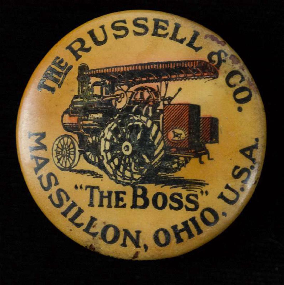 RUSSELL & CO 'THE BOSS' TRACTORS ADVTG WHET STONE: Celluloid side with 'The Russell & Co. 'The Boss' Massillon, Ohio, U.S.A.' Whetstone reverse. Measures 1.25 inches. We happily provide seamless in-house packing and shipping services on nearly everyth