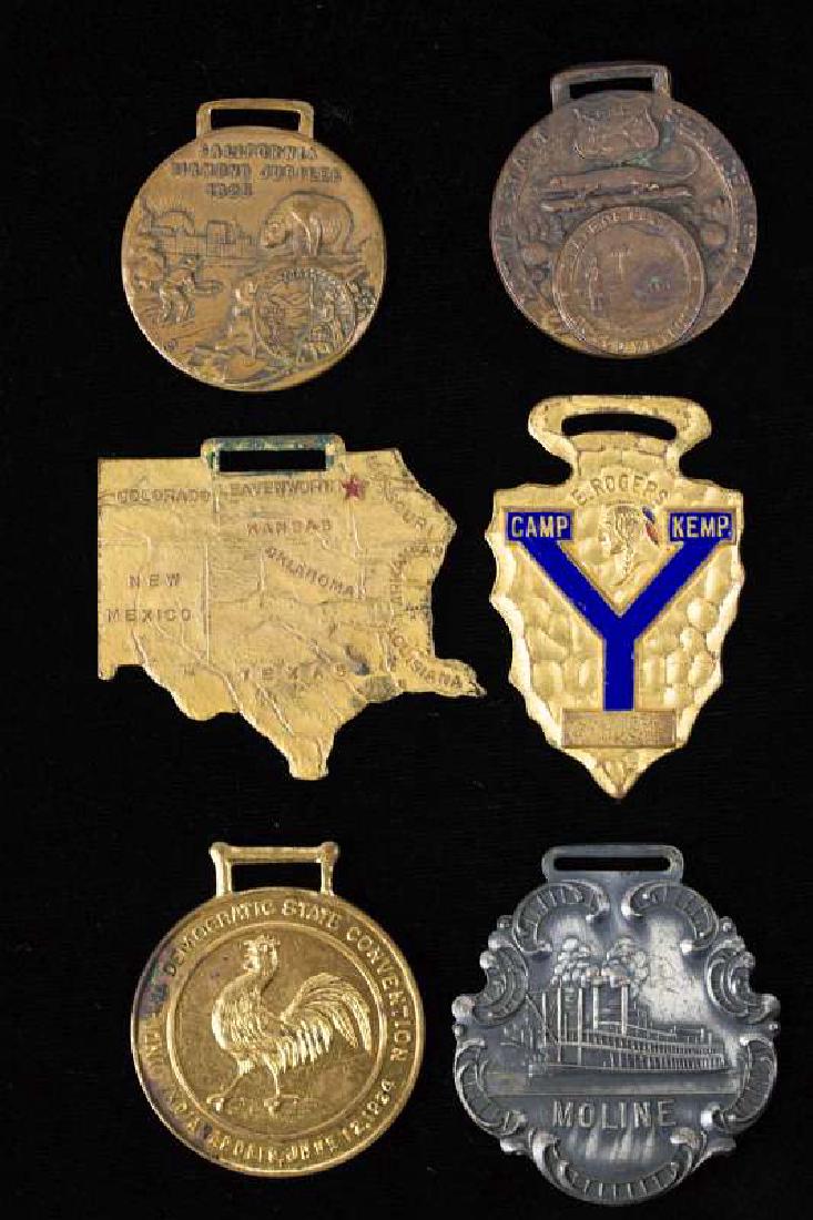 SIX VARIOUS ASSOCIATION AND CLUB ADVERTISING FOBS: Variety of die struck and enameled fobs, including E. Rogers Camp Kemp, Southwestern Division of Associated Advertising Clubs of America, Leavenworth, KS, Feb. 20-21, 1912. Sixth Annual Meeting Upper 