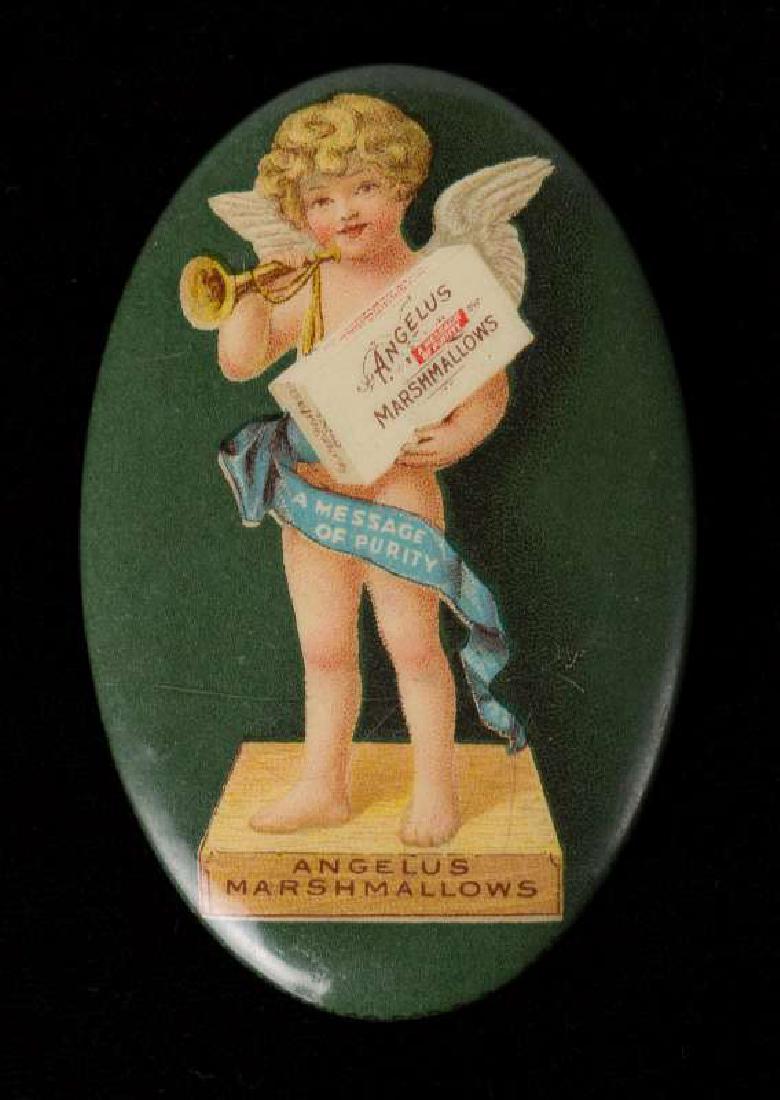 ANGELUS MARSHMALLOWS ADVERTISING POCKET MIRROR: Color illustration of a trumpet carrying cherub, also holding a box of Angelus Marshmallows, 'A Message of Purity.' Mirrored reverse.Background from immigrantentrepreneurship.org/entry.php?rec=158: 'A