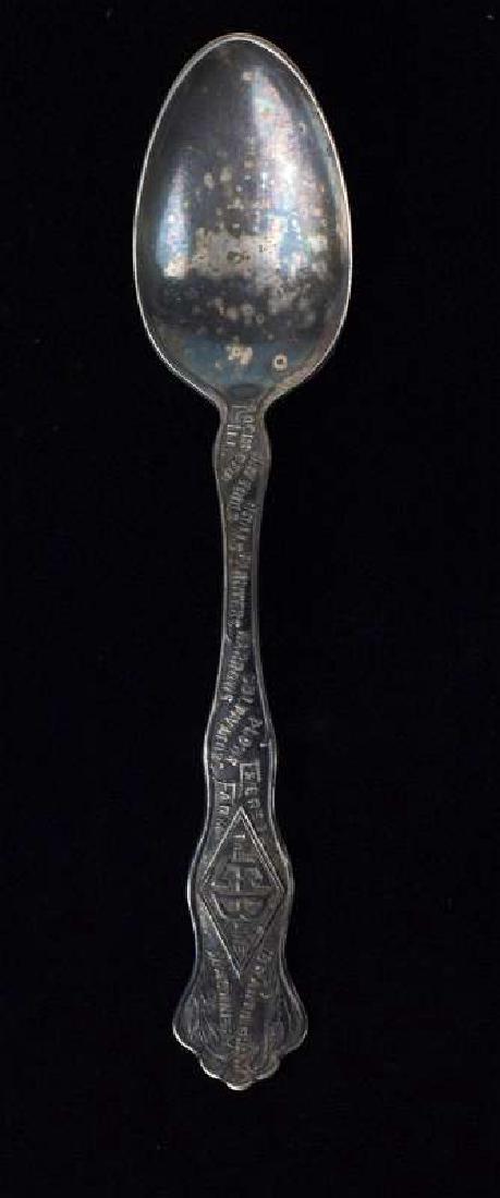 EMERSON MFG. CO. FOOT LIFT PLOWS ADVERTISING SPOON: Silver plated spoon maker marked Wallace. Top of the handle reads 'The E-B Line, Emerson Brantingham Farm Machinery,' and 'Plows, Cultivators, Harrows, Planters, Drills, Hay Tools, Rockford, Ill.' Han