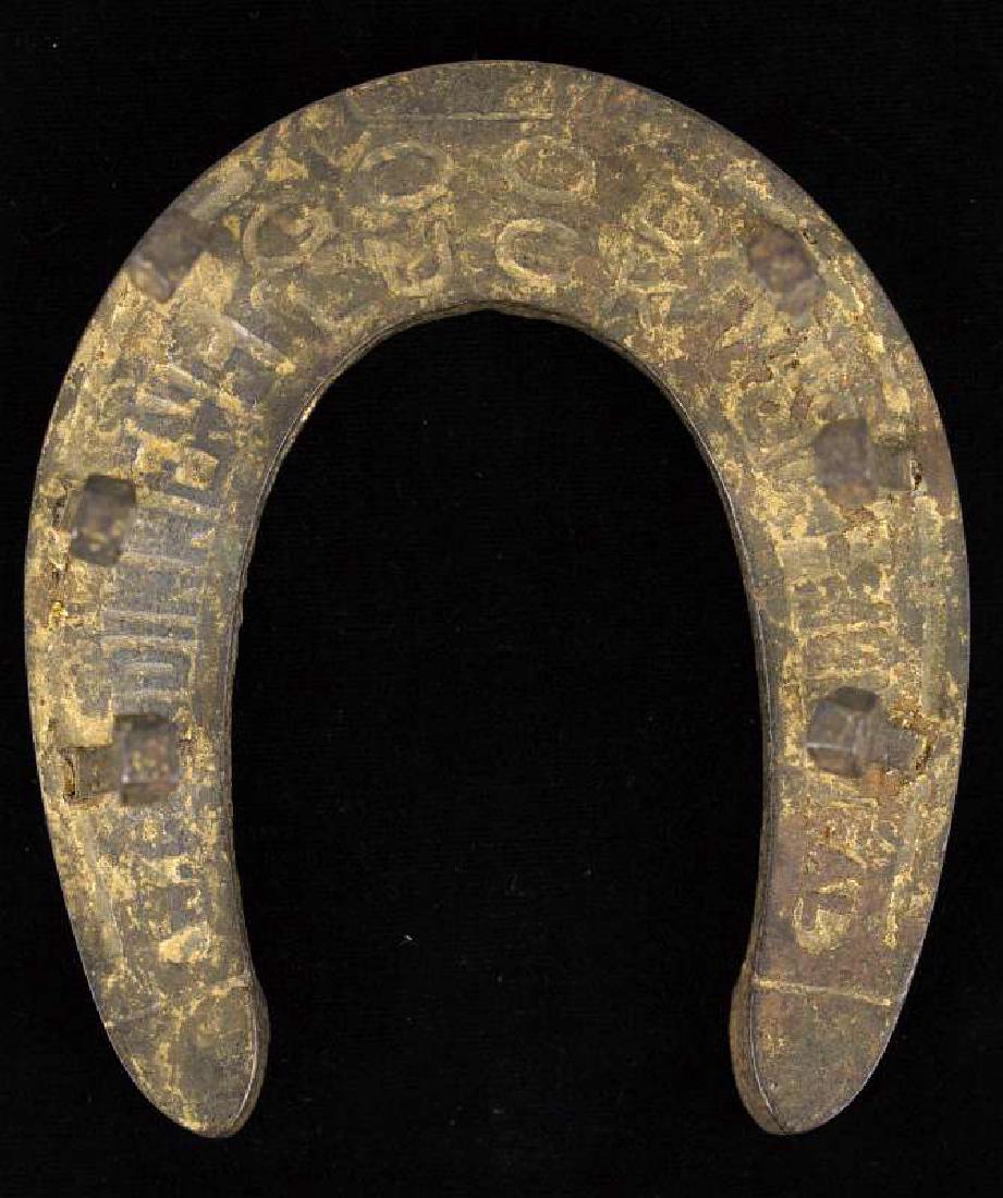 CLENDINNENG MONTREAL FOUNDRY ADVERTISING HORSESHOE: Canadian foundry. Cast horseshoe with faint 'W. Clendinneng - GOOD LUCK.' Background from Wikipedia: 'Born in Cavan, William Clendinneng arrived in Montreal with his family in 1847, at the young age o