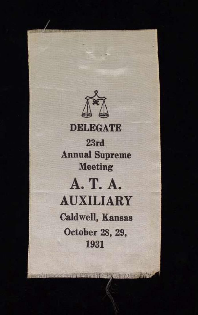A.T.A. HORSE THIEF MEETING RIBBON CALDWELL KS 1931: Delegate ribbon for 23rd Annual Supreme Meeting of the A.T.A. Auxiliary in Caldwell, Kansas, October 28, 29, 1931. The ATA was the later incarnation of the older Anti-Horse Thief Association (ATHA). M
