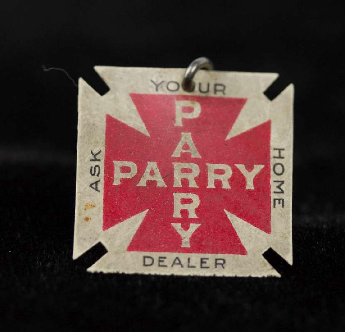 A 1905 PARRY BUGGIES CELLULOID ADVERTISING PENDANT: Die cut double-sided celluloid badge with print on both sides, pin mounted. Copyright dated March 16th 1905. Bastian Bros. maker marked. For Parry Manufacturing Company of Indianapolis, makers of 'hig