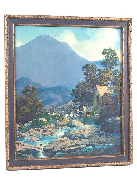MAXFIELD PARRISH B & B CALENDAR TOP- THY ROCKS AND: Medium size calendar top measures 13 1/4" long by 11 1/4" wide. Displayed in blue period frame that measures 15" by 13". Both calendar top and frame inn very good condition with rich color.