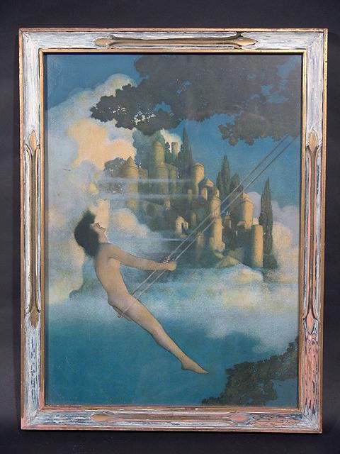 MAXFIELD PARRISH DINKY BIRD PRINT: Measures 15" tall by 11" wide. Frame measures 16 1/2" tall by 12 1/2" wide and has the original backing and label. The frame has been poorly re-painted,but print is in very good condition with strong