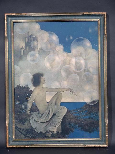 MAXFIELD PARRISH PRINT AIR CASTLES: Original print measuring 15" high by 11" wide. Blue period frame that measures 16 3/4" long by 12 3/4' wide. Some scratches to upper right corner of print, and scuffs to outer edge of frame, otherwise