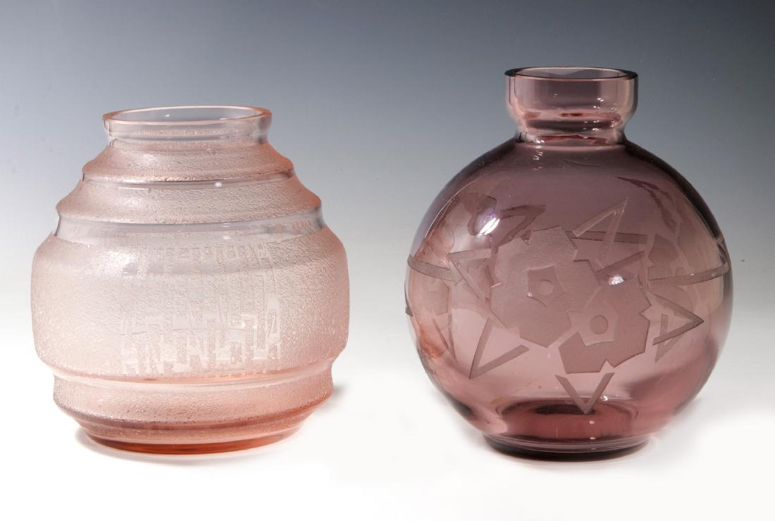 FRENCH ART DECO ACID CUT BACK SIGNED F. DELATTE: Pink Art Deco acid cut art glass, one piece is signed with an etched signature of F. Delatte Nancy on one side., the other Schneider on the bottom rim side. Measures 6.75 x 5 inches and 6 x 5 inches. 