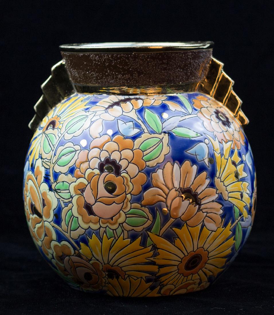 A BOCH FRERES LA LOUVIERE ENAMELED ART DECO VASE: An Art Deco vase with gold collar and handles, turquoise interior, enameled decoration, signed under the base. Measure 7.5 inches x 5.75 inches. We happily provide seamless in-house packing and shippi