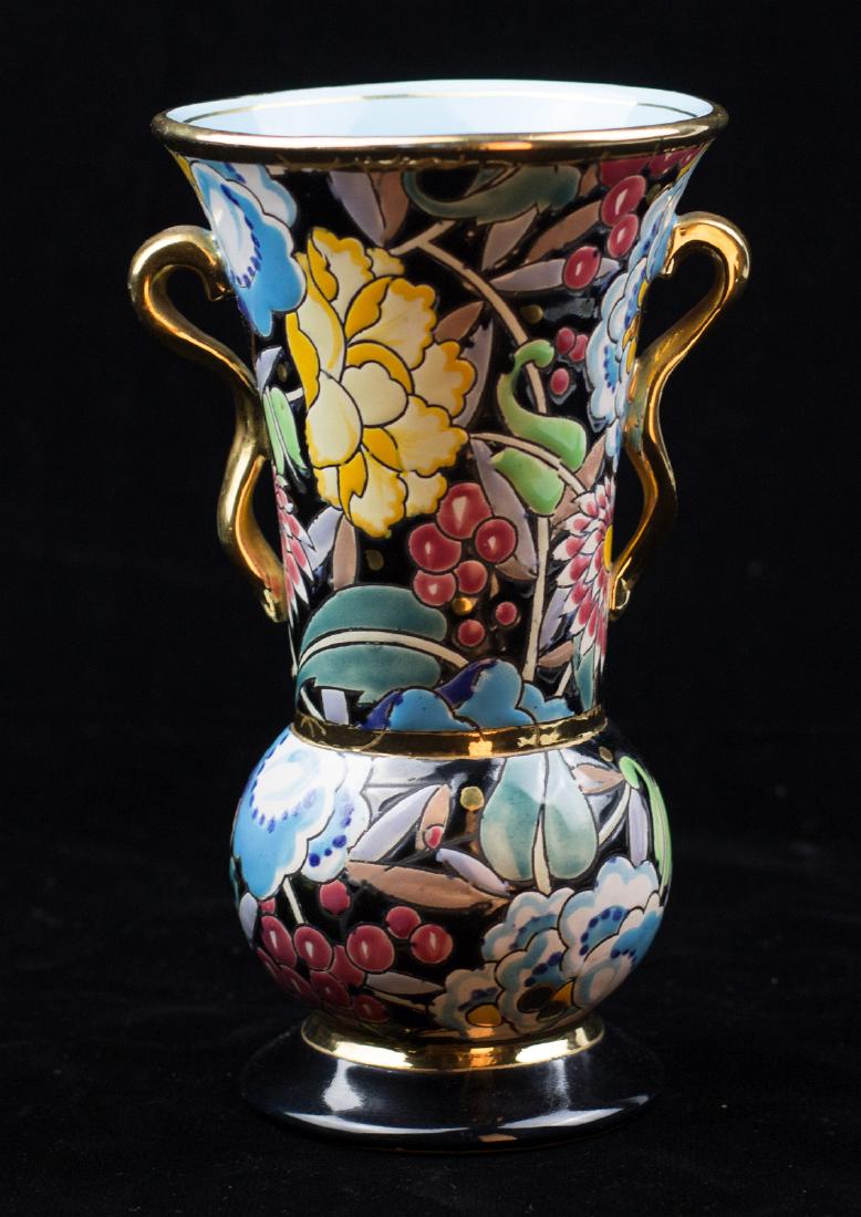 A BOCH FRERES LA LOUVIERE ENAMELED ART DECO VASE: An Art Deco vase with gold handles, turquoise interior, enameled decoration, signed under the base. Measures 8.75 inches x 5 inches. We happily provide seamless in-house packing and shipping services 