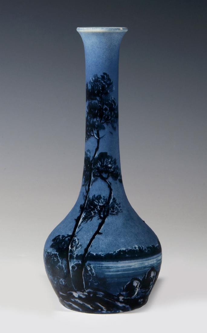JEROME MASSIER (1850-1910) FRENCH ART POTTERY VASE: An art pottery vase decorated to depict a nighttime landscape in blue, signed under the base by the artist and marked â€˜Vallaurisâ€™. Measures 7.5 x 2.75 inches. We happily provide seamless