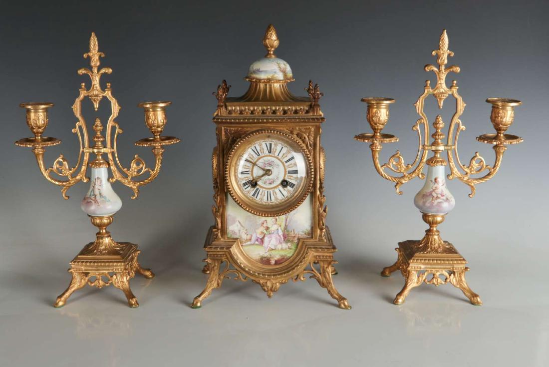 FRENCH BRONZE AND HAND PAINTED PORCELAIN CLOCK SET (1 of 13)