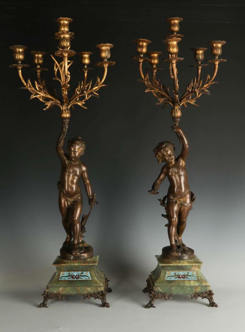 A PAIR OF EARLY 20TH C BRONZE PUTTO CANDELABRA WITH (1 of 9)