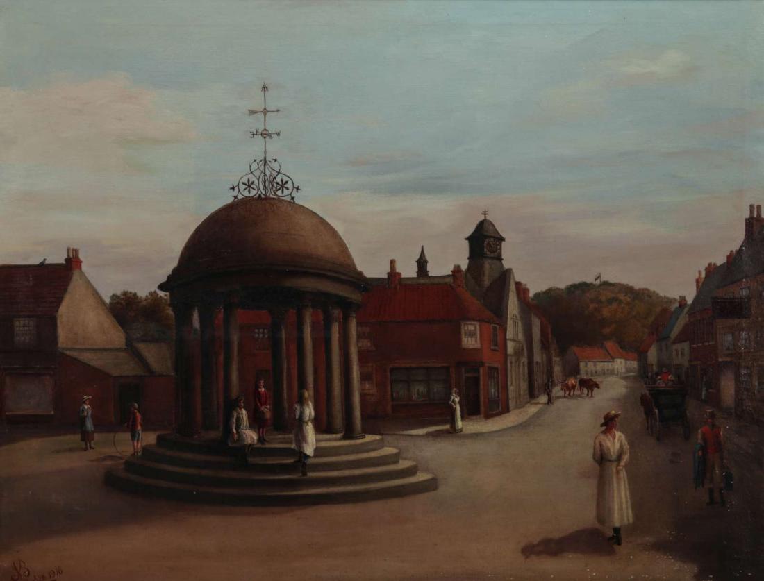 A CONTINENTAL SCHOOL OIL ON CANVAS, 1916: View of a European town commons. The work measures 32 x 42 inches. Overall size 35.75 x 45.75 inches. We happily provide seamless in-house packing and shipping services on nearly everything we sell.
