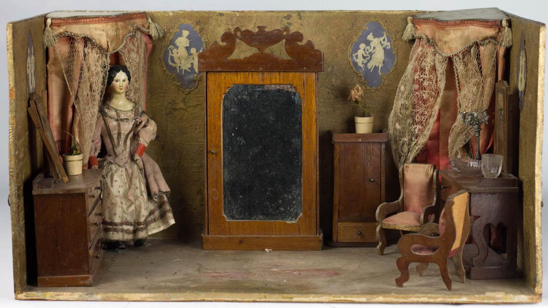 A CIRCA 1850 FRENCH PAPIER MACHE DOLL IN DIORAMA (1 of 12)