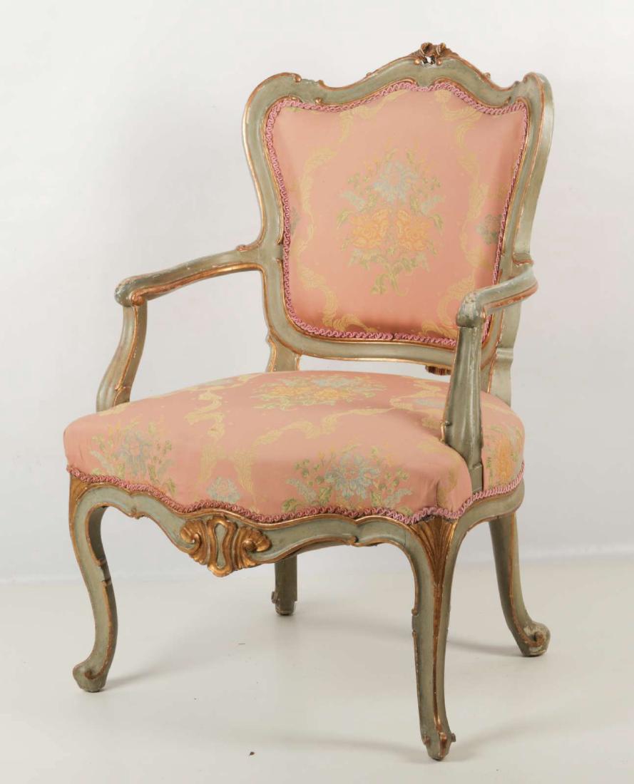 A FRENCH STYLE FAUTEUIL PAINTED GREEN AND GOLD (1 of 10)