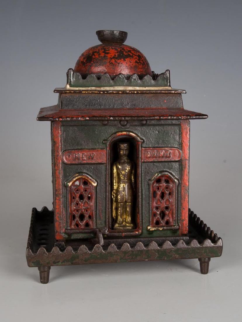 STEVENS 'NEW BANK' CAST IRON MECHANICAL BANK (1 of 8)