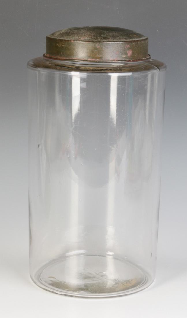 A TALL EARLY BLOWN GLASS STORAGE JAR WITH TOLE LID (1 of 7)