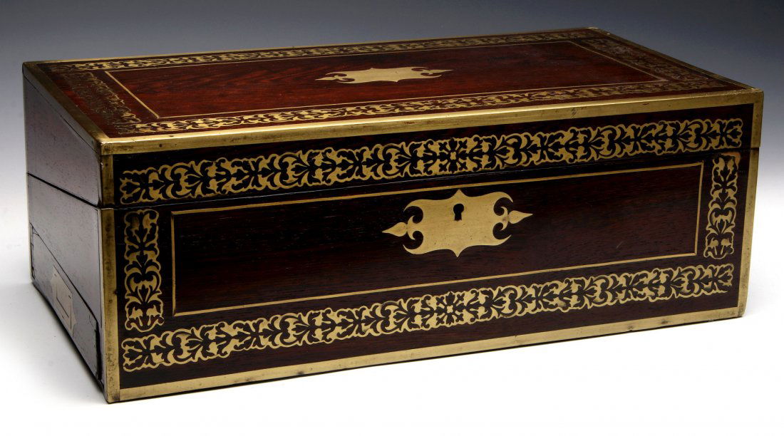 AN ELABORATE BRASS INLAID ROSEWOOD LAP DESK C 1870 (1 of 10)