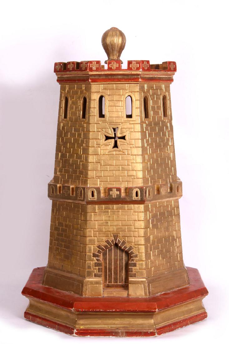A CIRCA 1900 PAINTED WOOD MODEL OF A CASTLE TURRET (1 of 9)
