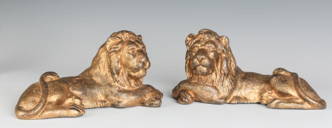 TWO CAST IRON LION FIGURES, OLD GILT PAINT (1 of 4)