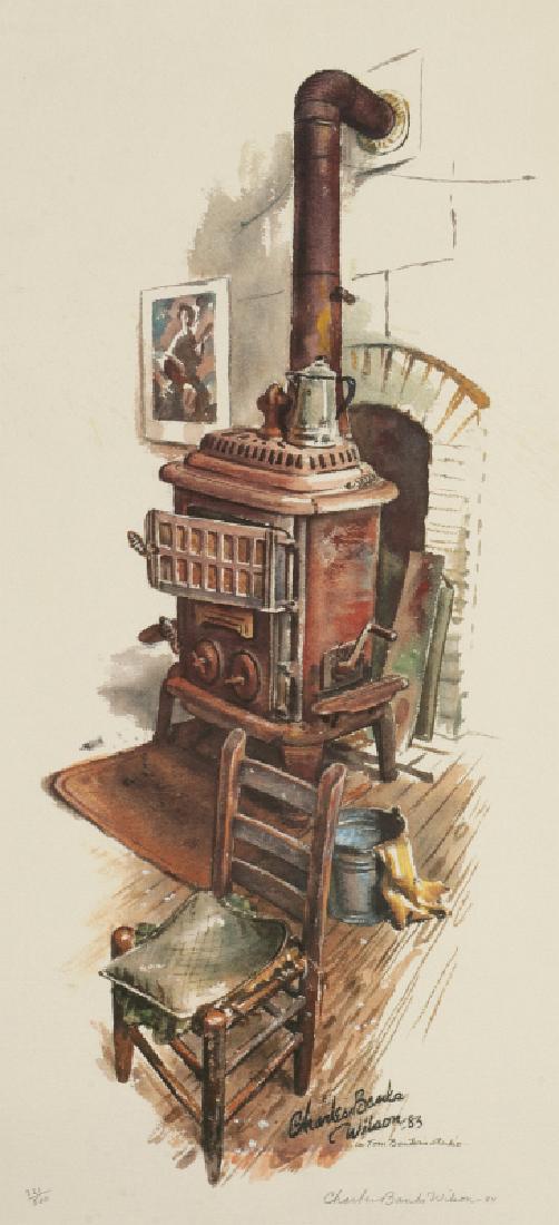 CHARLES BANKS WILSON (1918-2013) SIGNED COLOR LITH: A color lithograph titled 'In Tom Benton's Studio' lower right, pencil signed 'Charles Banks Wilson 1984' as well, numbered 321/500 in the lower left corner. Measures 23.5 x 12 inches overall. We happ