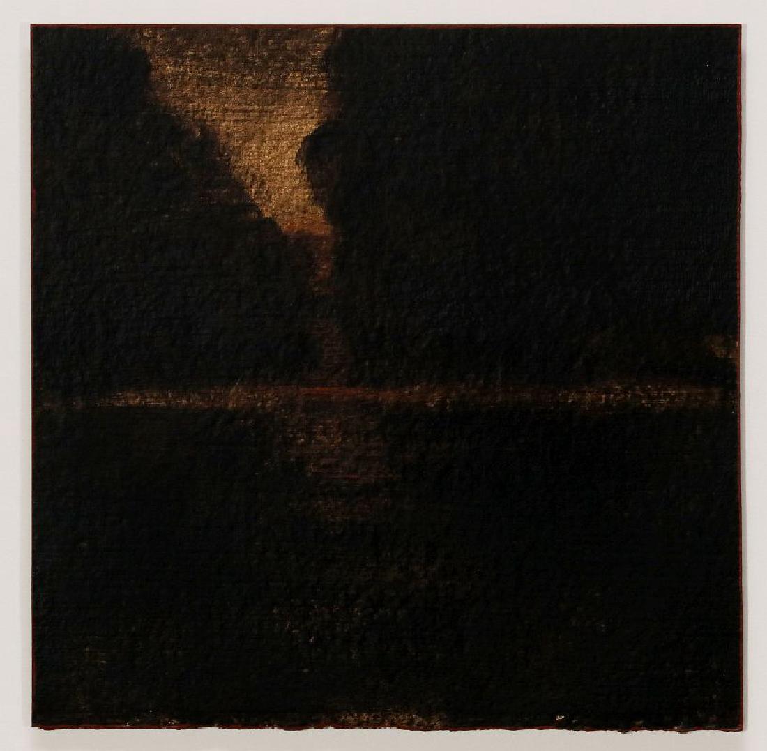 JANE VOORHEES (20th/21st C) ACRYLIC ON PAPER: Titled 'Passages 11' and dated 2011 with a gallery tag verso, gold and black acrylic on paper. Measures 9 x 9 inches, 14 x 14 inch mat. We happily provide seamless in-house packing and shipping servic