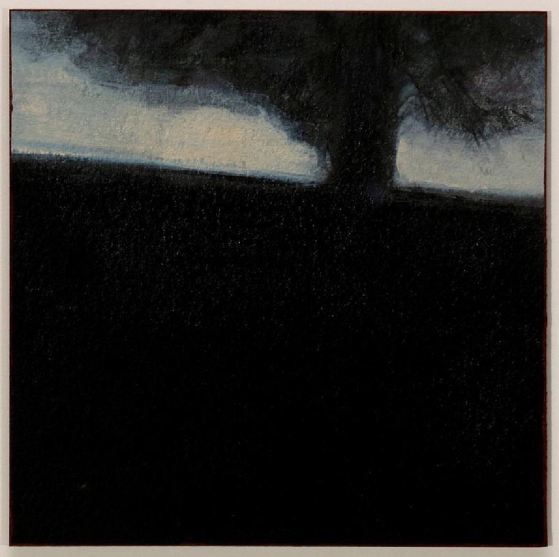 JANE VOORHEES (20th/21st C) ACRYLIC ON PAPER: Titled 'Passages 04' and dated 2011 with a gallery tag verso, acrylic on paper depicting a shadowy tornado. Measures 9 x 9 inches, mat measures 14 x 14 inches. We happily provide seamless in-house pac