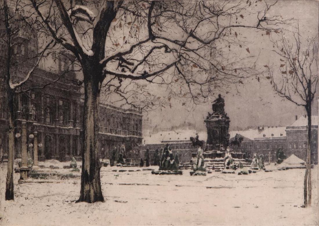 ATTRIBUTED LUIGI KASIMIR (1881 - 1962) ETCHING: This etching is listed as being a work by Kasimir, the pencil signature is not that of Luigi Kasimir and may be an estate representative, the scene is Maria Theresa Square in the snow, Vienna Austria.