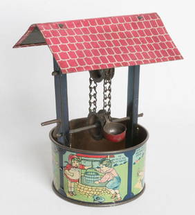 A CIRCA 1910 TIN LITHO TOY WELL, JACK & JILL VERSE: Depicting scenes from the nursery rhyme along the base, maker's mark of Kiddies Metal Toys Inc. Measures 6.75 x 5 inches. We happily provide seamless in-house packing and shipping services on nearly e