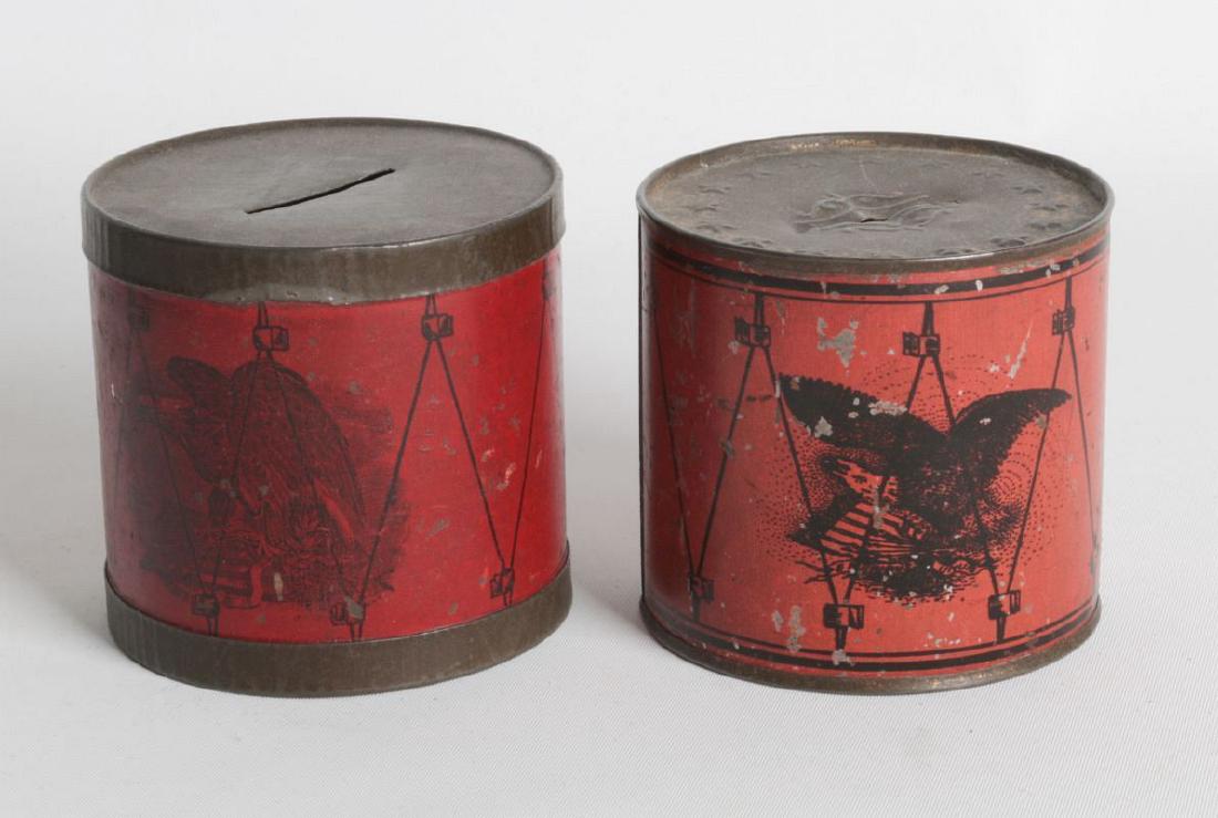 TWO PATRIOTIC THEME TIN LITHO DRUM BANKS (1 of 7)