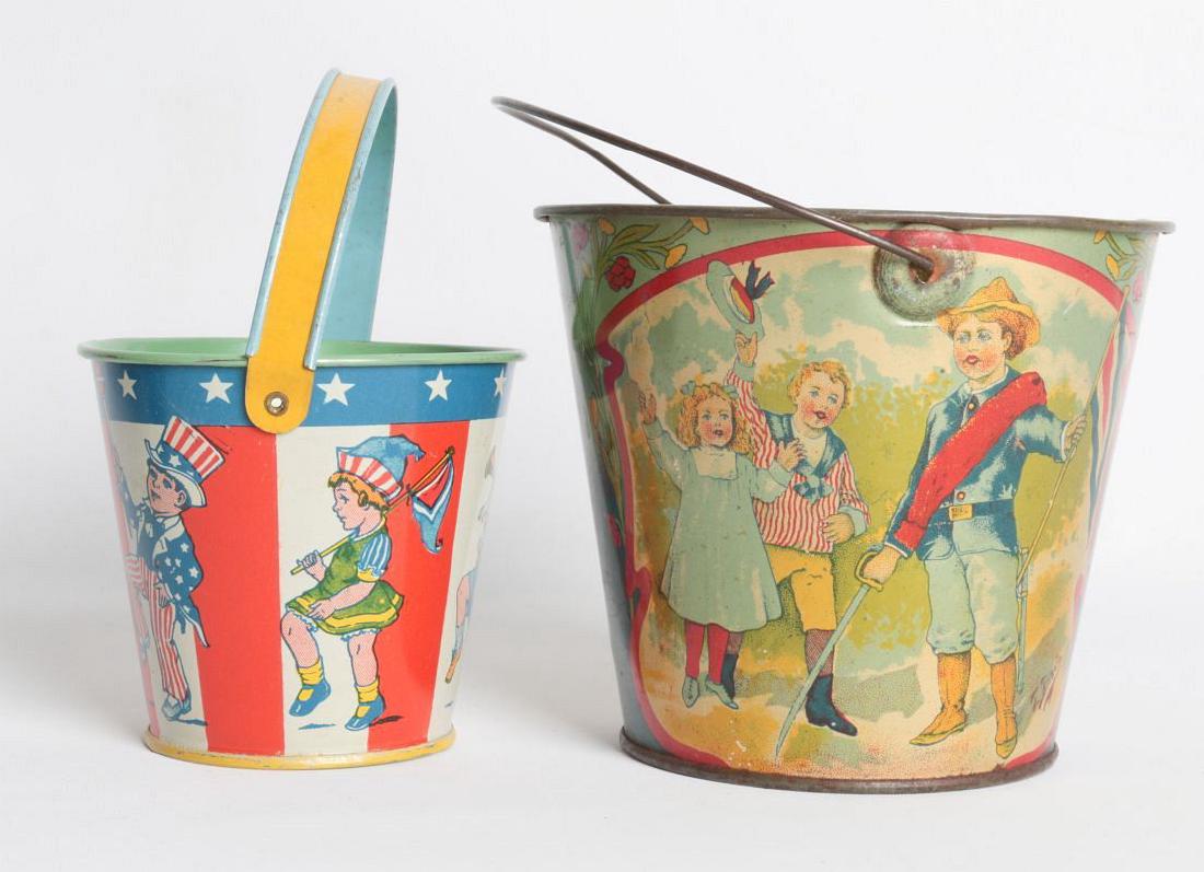 PATRIOTIC THEME TIN LITHO SAND PAILS, INCL CHEIN (1 of 7)