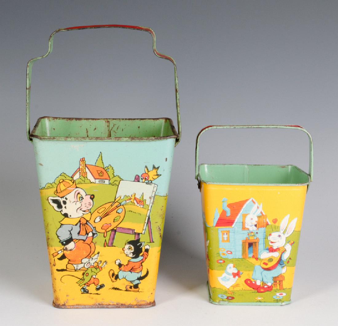TWO SQUARE TIN LITHO SAND PAILS SIGNED CHEIN (1 of 6)
