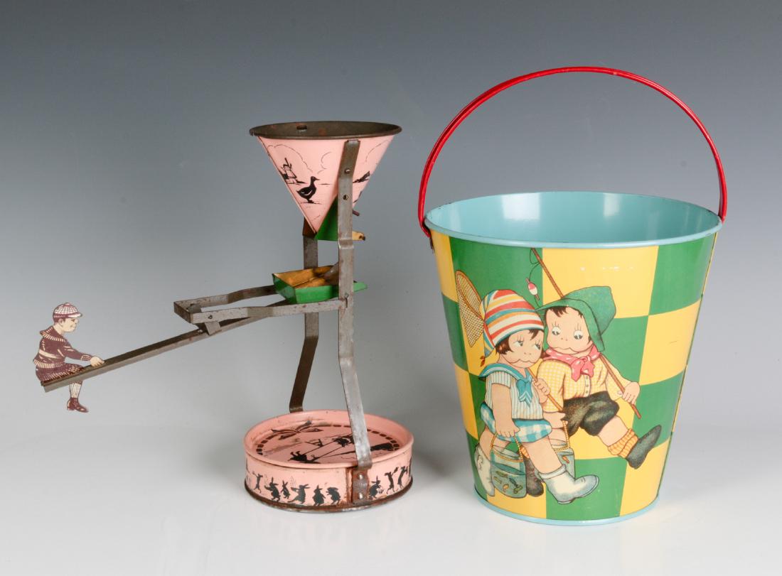 A TIN LITHO SEE-SAW SAND TOY AND NICE CHILD'S PAIL (1 of 10)