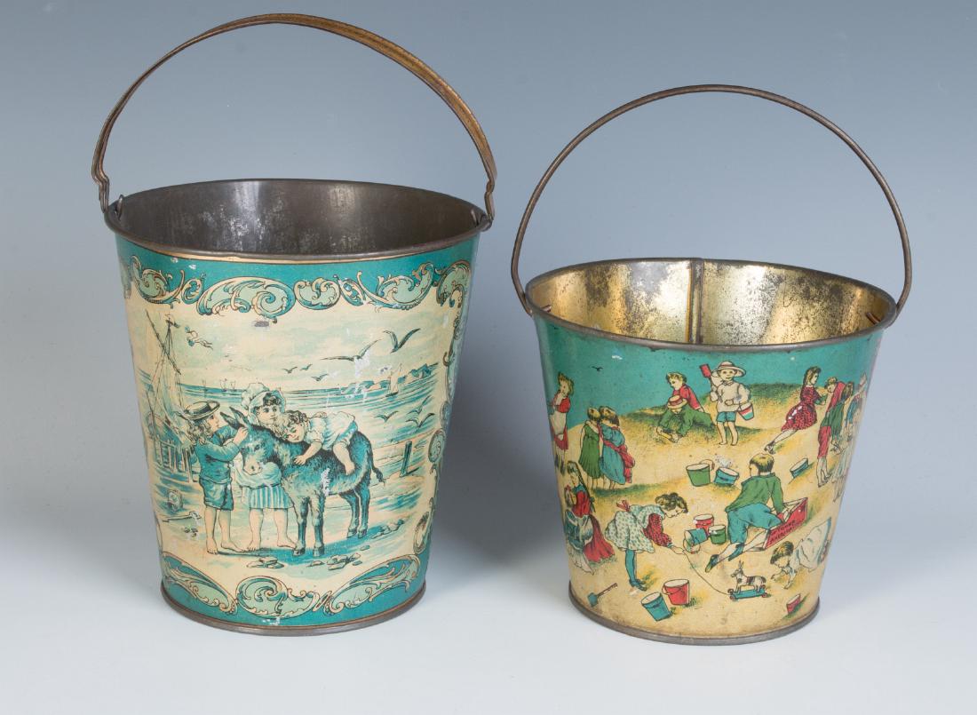 TWO GOOD VICTORIAN TIN LITHO SAND PAILS (1 of 8)