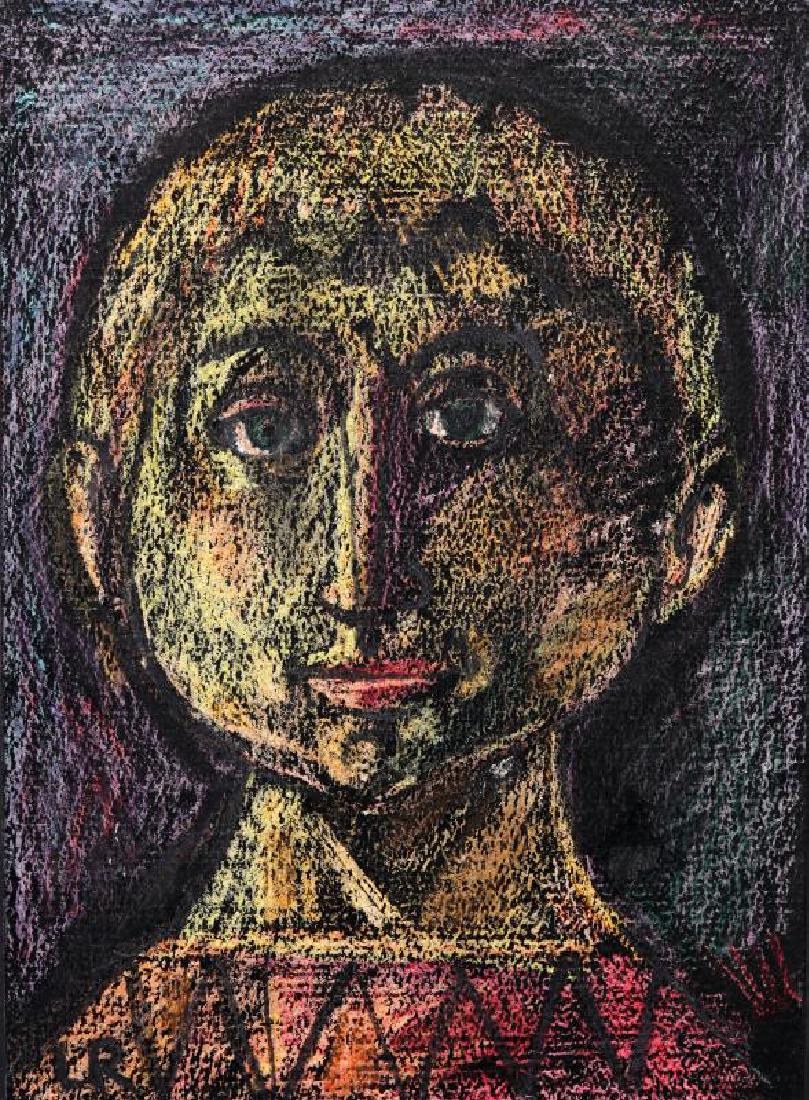LESTER RAYMER (1907-1991) CRAYON ON PAPER: Lester Raymer (1907-1991) Circa 1972 Initialed lower left, crayon on paper mounted on cardstock, dedication on the frame liner verso is dated 4-7-72. Image measures 7.5 x 5.5, the frame is 11 x 9 inch