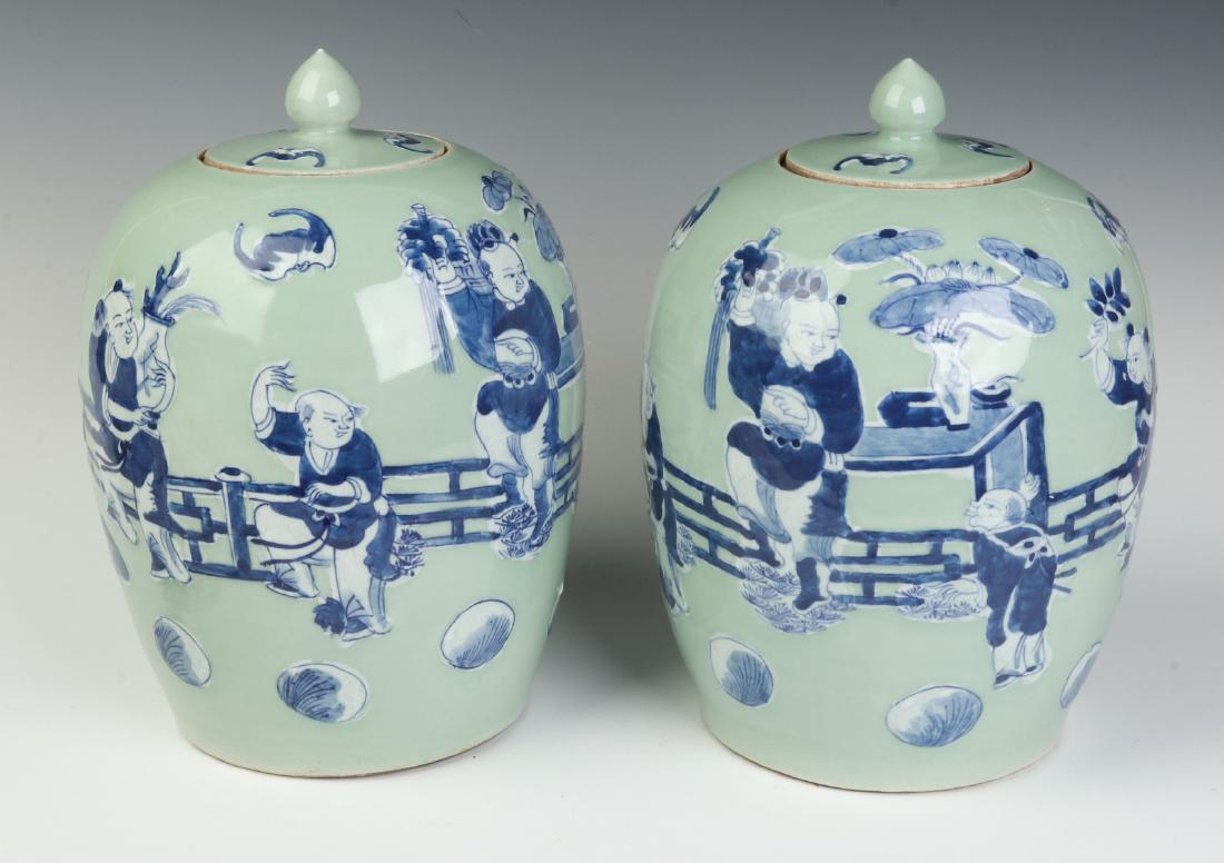 A PAIR 19TH C CHINESE EXPORT CELADON PORCELAIN JARS (1 of 9)