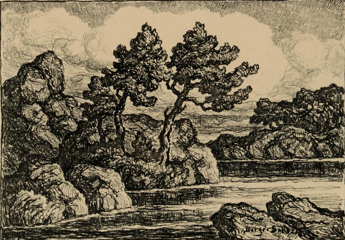 BIRGER SANDZEN (1871-1954) PENCIL SIGNED LITHO: Birger Sandzen (1871-1954) Lake in the Rockies 1930s. Titled 'Lake in the Rockies' in the lower left corner, signed lower right. Sight size measures 7.75 x 10 inches, in a 14.5 x 17 inch frame. We hap