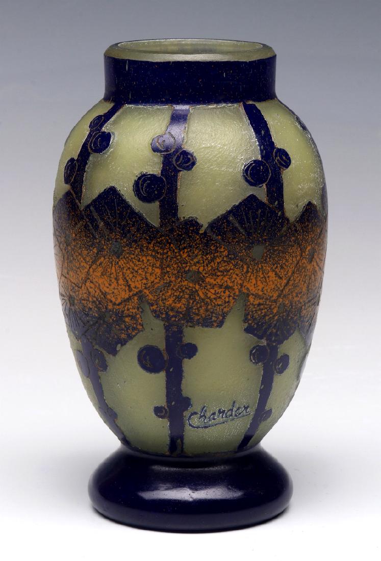 SCHNEIDER ART DECO CAMEO GLASS VASE SIGNED CHARDER: Cobalt and orange geometric flowers against a clambroth ground, signed in cameo just above the foot. Measures 5.5 x 2.75 inches. We happily provide seamless in-house packing and shipping services on n