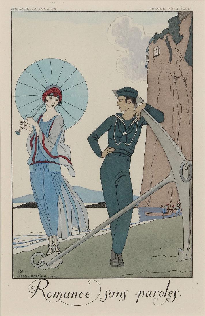 THREE GEORGE BARBIER (1882-1932) POCHOIR PRINTS: Three original pochoir prints from Barbier's 'Falbalas et Fanfreluches,' titled 'La belle indolente,' Romance sans paroles,' and 'Voici mesailes!' Sight size measures 7.25 x 4,75 inches, in 16.75 x 13