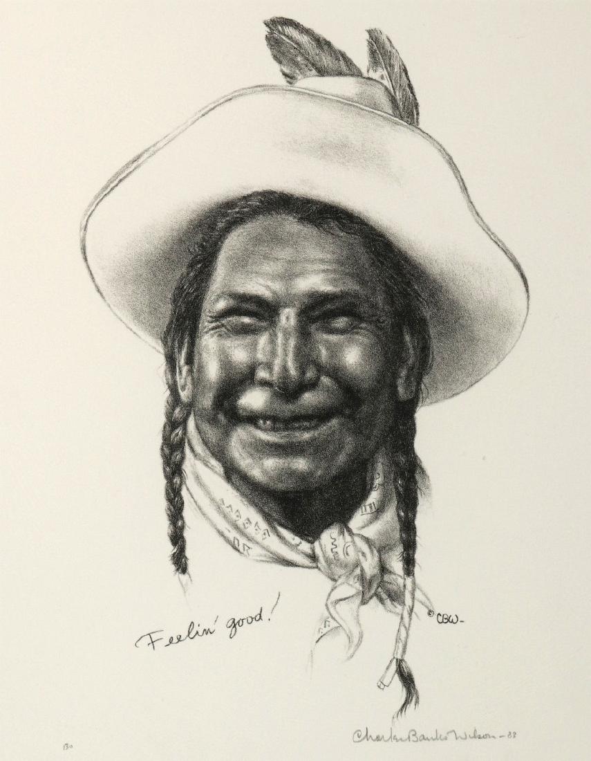 CHARLES BANKS WILSON (1918-2013) SIGNED LITHOGRAPH: Charles Banks Wilson (1918 - 2013) 'Feelin' Good!' 1983 Titled 'Feelin' Good!' in pencil lower left and signed in pencil lower right. Measures 12.5 x 7.75 inch image field, 21.25 x 19.5 inch frame. We