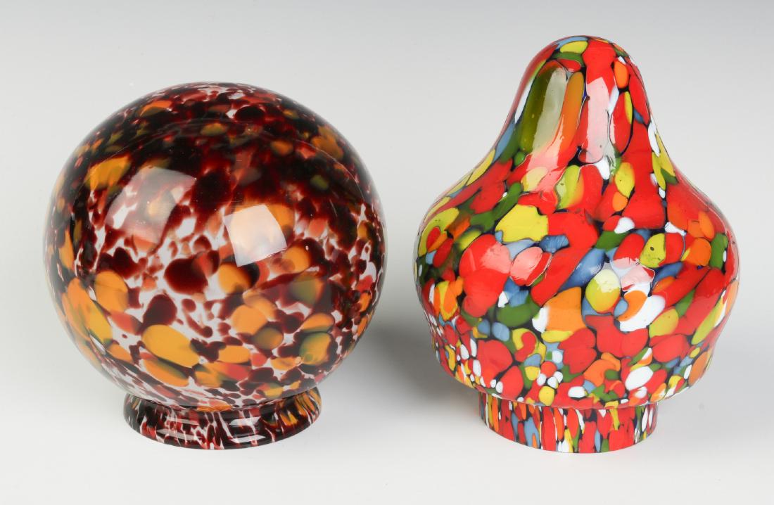 1930s SPATTER GLASS LIGHT SHADES, ONE SIGNED CZECH: Good shades for the many figural lamps of the period. Measure 5.25 x 4.5 inches and 6 x 4.5 inches. We happily provide seamless in-house packing and shipping services on nearly everything we sell.