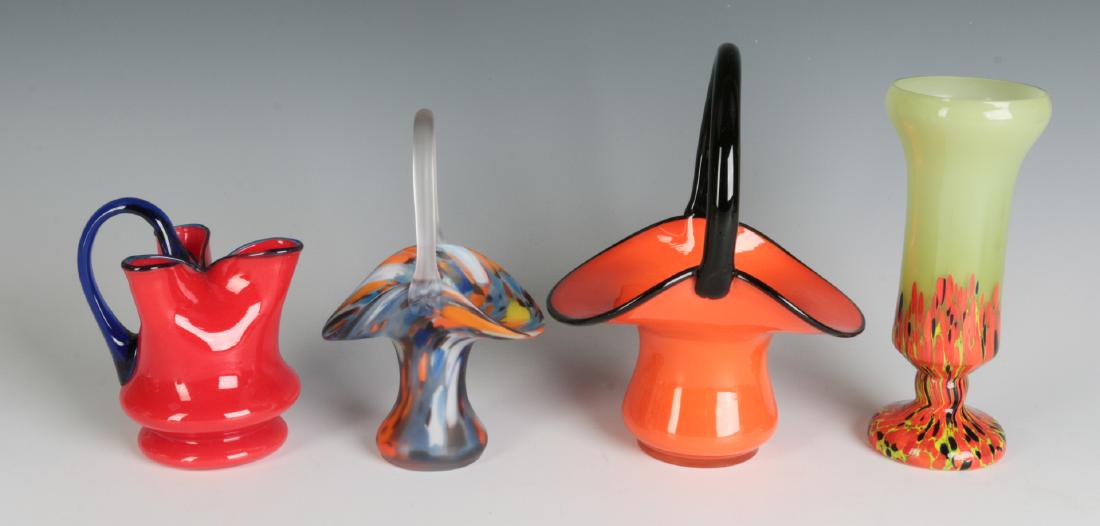 CZECH ART GLASS VASES AND BASKETS: Four nice examples. Smallest to largest measures 5 x 4 inches to 8 x 5 inches. We happily provide seamless in-house packing and shipping services on nearly everything we sell.