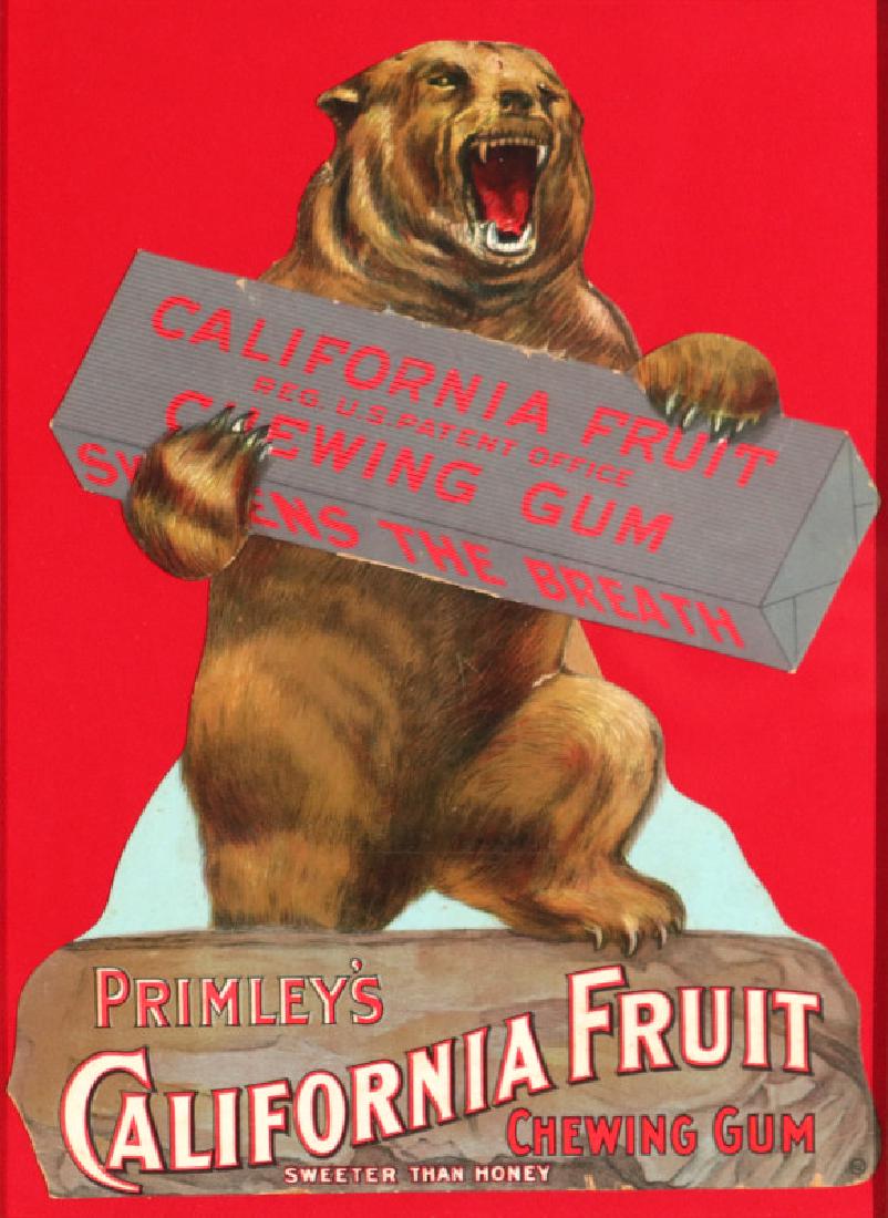 A RARE DIE-CUT SIGN FOR PRIMLEY'S CHEWING GUM: A circa 1910 chromolithographed die-cut cardstock advertising piece for Primley's California Fruit Chewing Gum, Sweetens the Breath - Better Than Money. Cut-out measures 14 x 10.75 inches in a 16.25 x