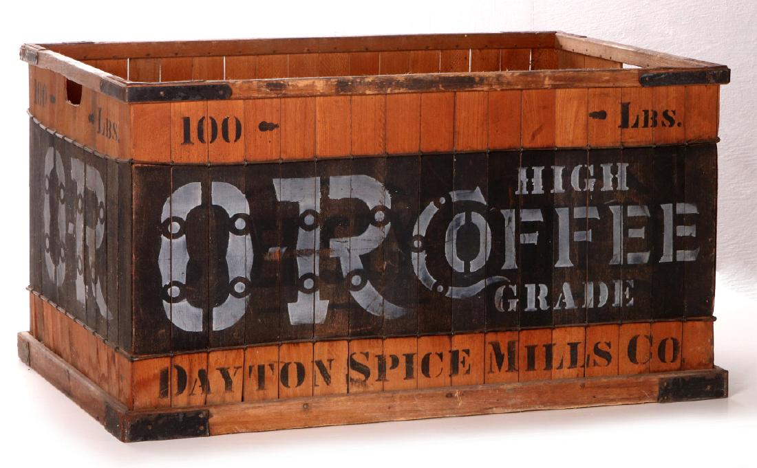 A CIRCA 1900 OR HIGH GRADE COFFEE WAREHOUSE CRATE: With lettered advertising on all sides, iron reinforcement. Measures 16 x 30 x 19.75 inches. We happily provide seamless in-house packing and shipping services on nearly everything we sell.