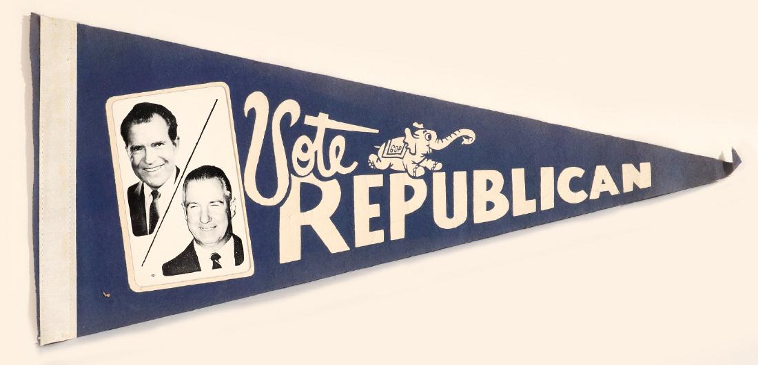 NIXON AGNEW AND HUMPHREY MUSKIE PHOTO PENNANTS: For the 1968 presidential campaign, each pictures the candidates in a mounted photograph on felt pennant, with paint transfer lettering and party mascot on felt. Each measure 19.5 inches long. We happ