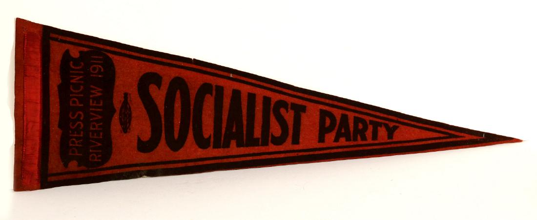 A FELT PENNANT FOR 1911 SOCIALIST PARTY PRESS PICNIC: Pressed paint on orange felt. Measures 22.5 inches long. We happily provide seamless in-house packing and shipping services on nearly everything we sell.
