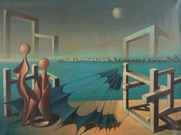 EARLY SURREAL ABSTRACT BY GEORGES SPIRO (1909-1994: This is one of eight early works by Spiro that are being offered in this auction. This particular work is in very good condition noting to the edges of the left lower corner and a .5 inch loss at the