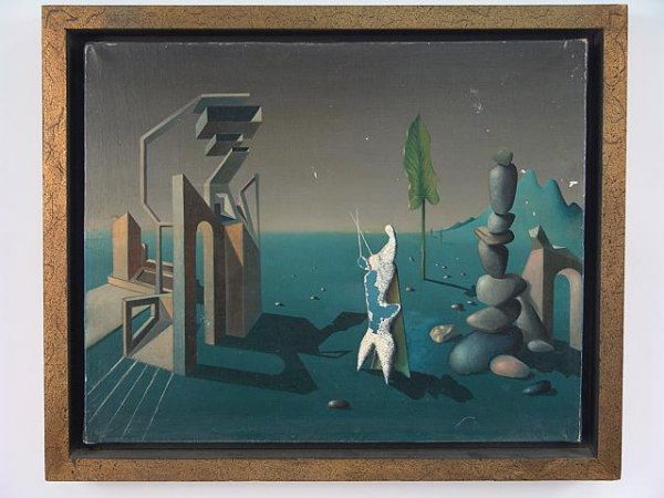 1948 GEORGES SPIRO (1909-1994) SURREAL COMPOSITION: This is one of eight early works by Spiro that are being offered in this auction. This painting signed and dated on the reverse. Overall measurement of 15.25 x 18.75 inches and canvas measures 13 x 16